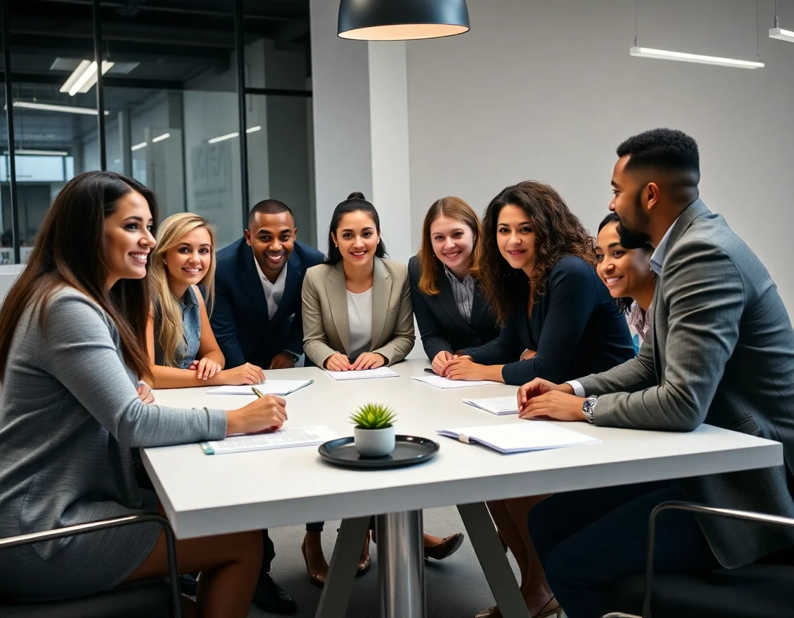 A diverse team collaborating around a table in a modern office, symbolizing partnership and expertise.