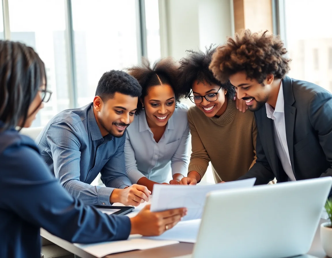A diverse team collaborating on a business project in a modern office setting.