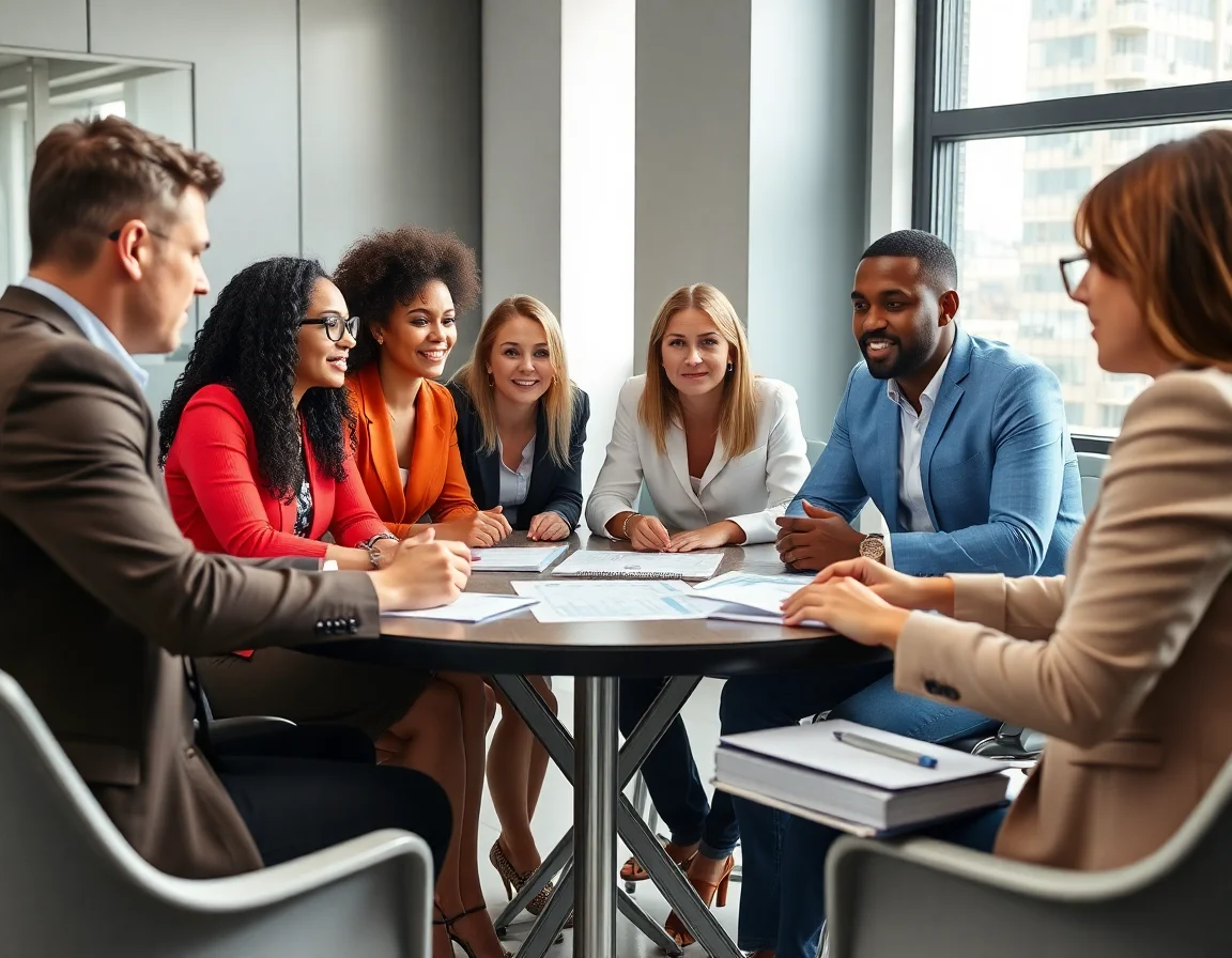 A diverse team of professionals discussing financial strategy around a table