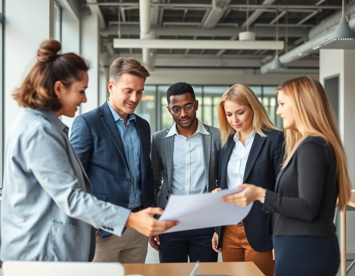 A diverse team of professionals in a modern office collaborating on a business project.