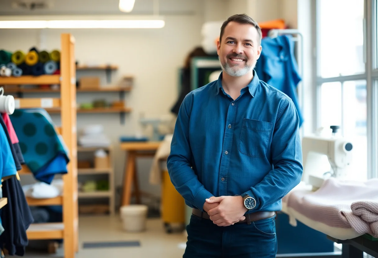 A smiling male small business owner standing proudly in his textile workshop.