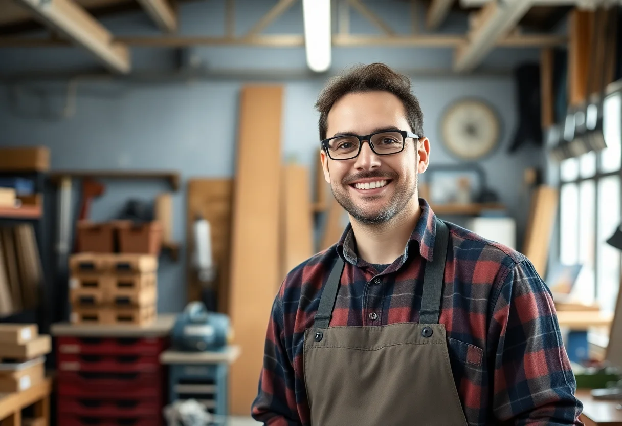 A successful business owner smiling confidently in their workshop.